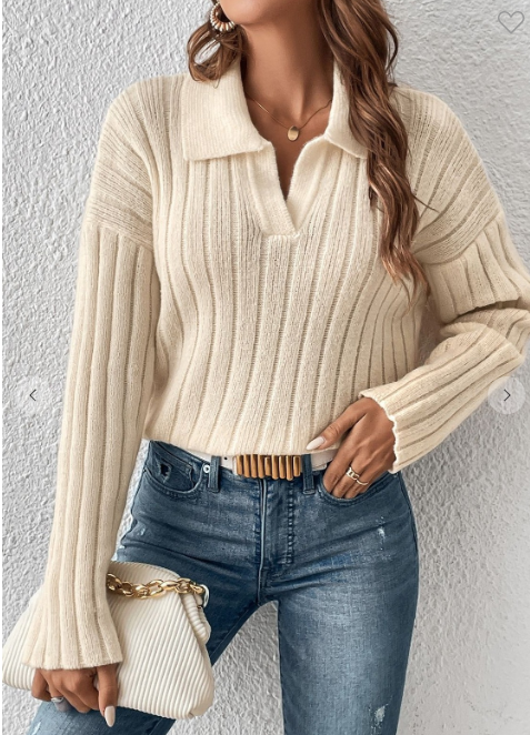 Apricot Polo Collar Long Sleeve Knit Top