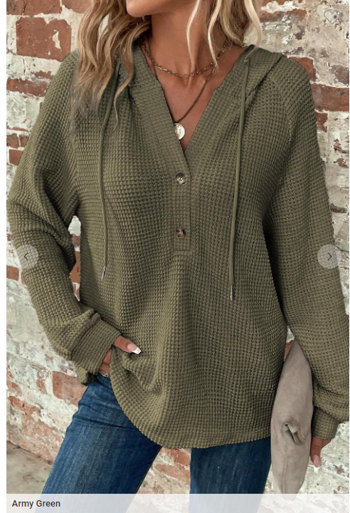 V-neck Waffle Button Long Sleeve Hoodie