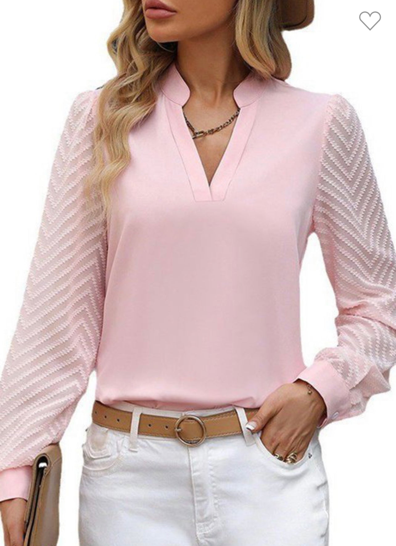 Pink V-Neck Patchwork Pleated long sleeve top