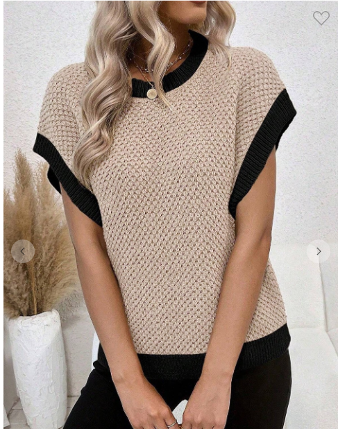 Beige Black Contrast Trim Batwing Sleeve Top