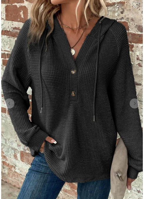 V-neck Waffle Button Long Sleeve Hoodie