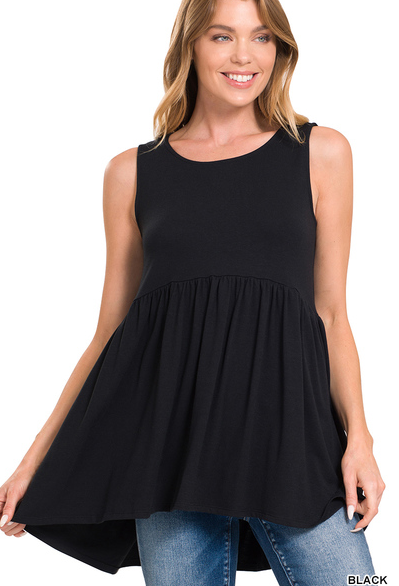 Black Sleeveless Waist Shirring High Low Top
