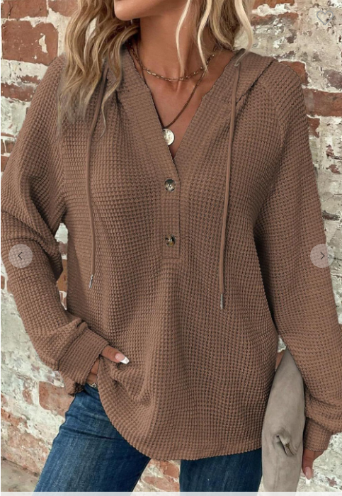 V-neck Waffle Button Long Sleeve Hoodie