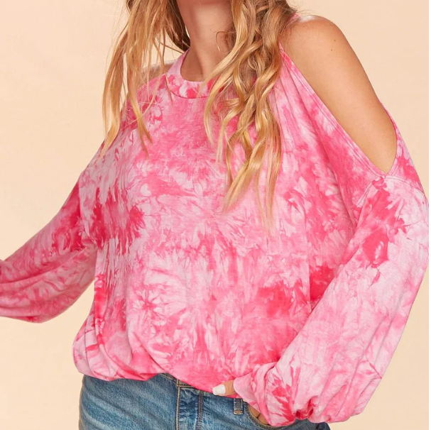 Fuchsia Cold Shoulder Tie Dye Top