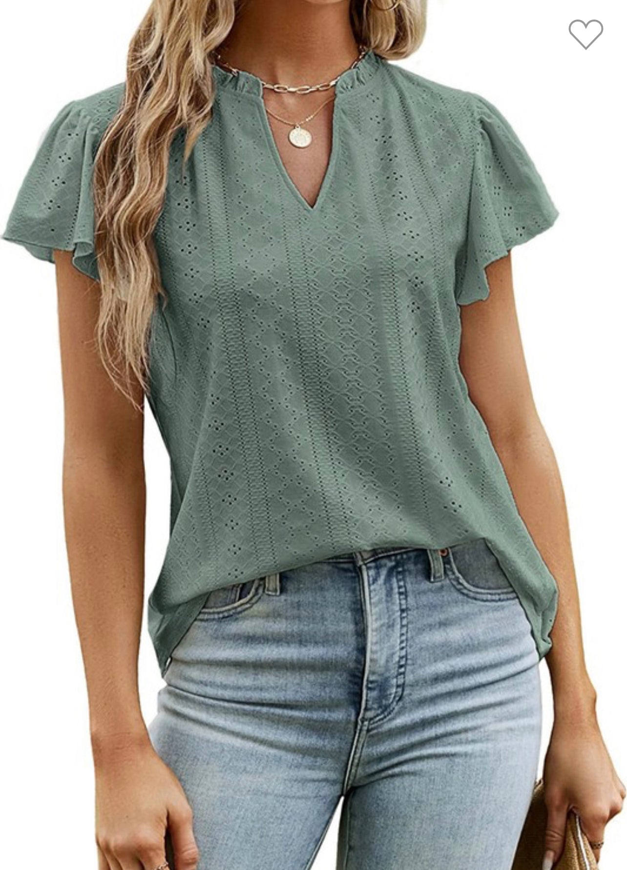 Green Hollow Ruffle Sleeve top