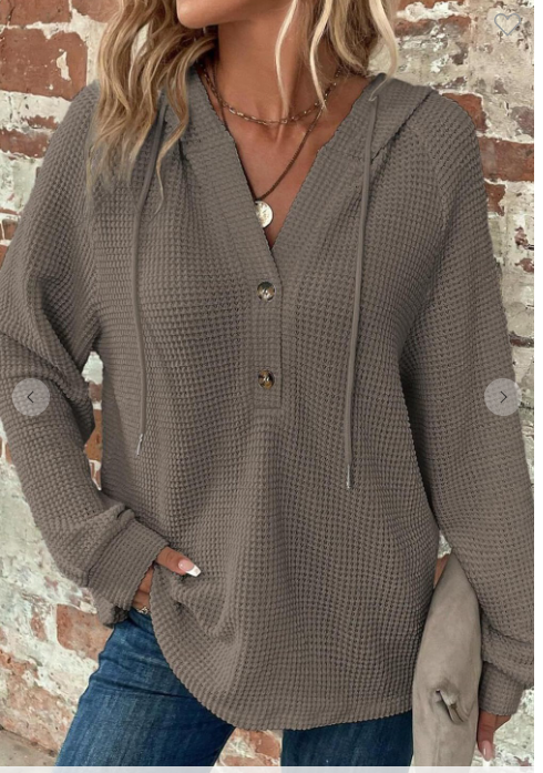 V-neck Waffle Button Long Sleeve Hoodie