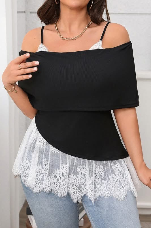 Plus Round Neck irregular hem lace top