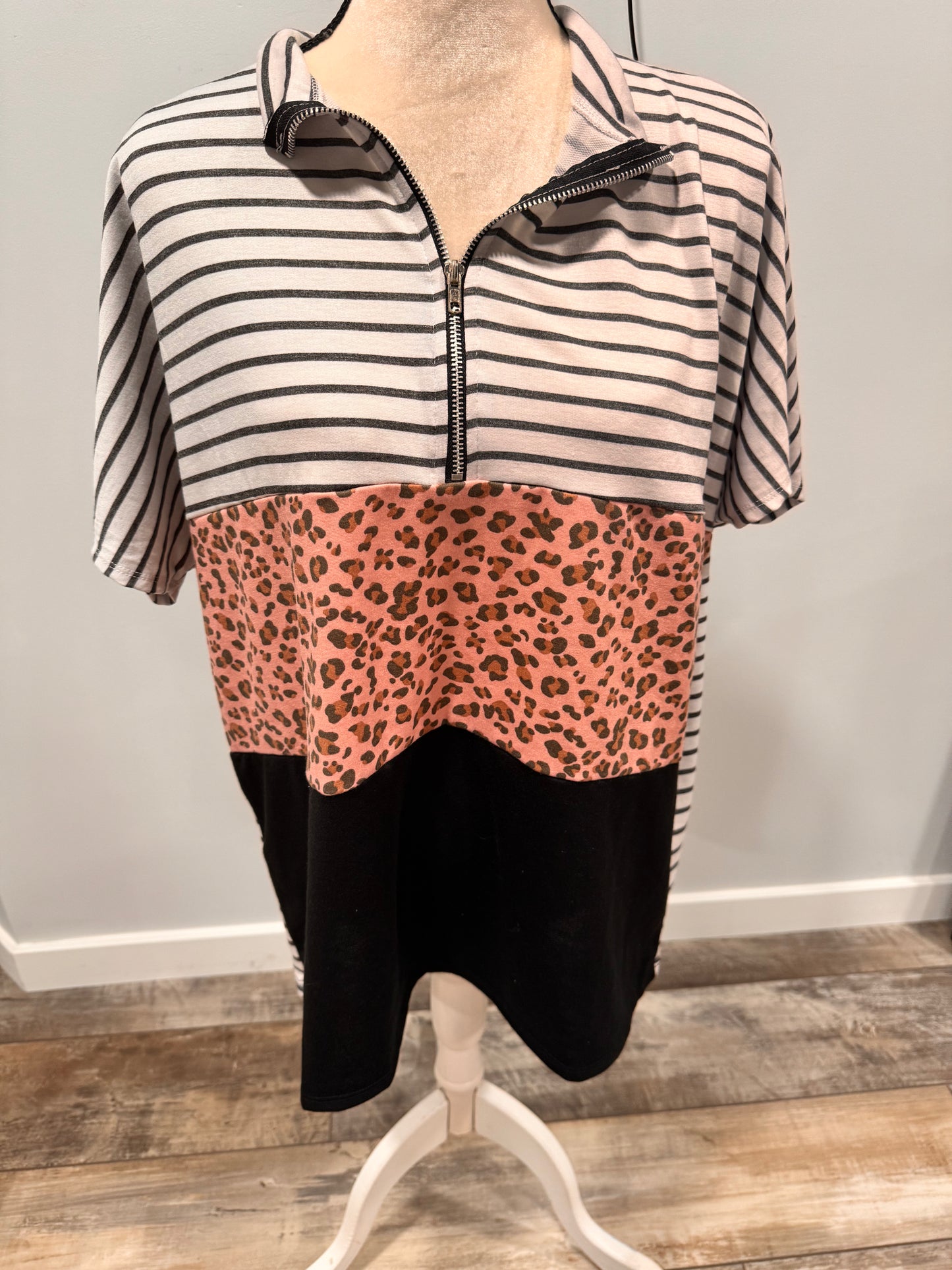 Plus stripe leopard colorblock top