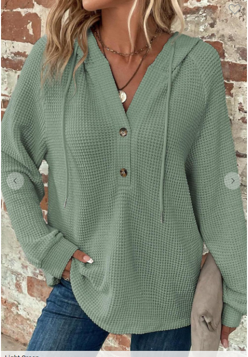 V-neck Waffle Button Long Sleeve Hoodie