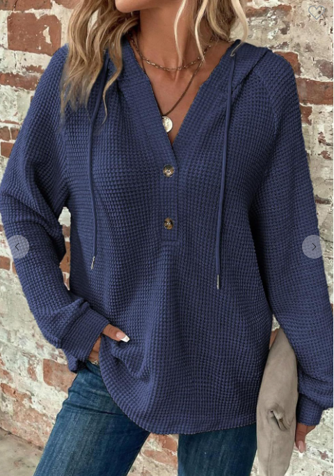 V-neck Waffle Button Long Sleeve Hoodie
