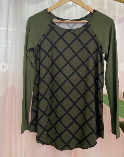 Olive Checkered Long Sleeve Top