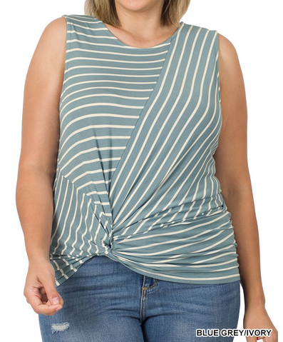 Plus Blue Gray Stripe Front Knot Tank Top