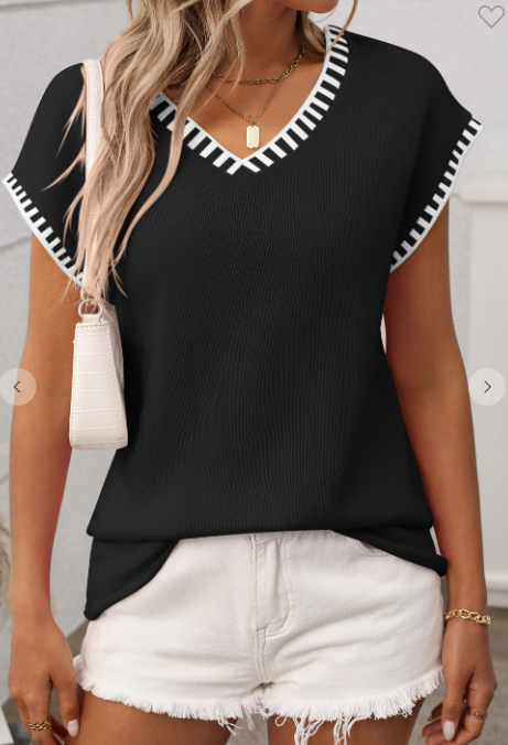 Black Striped Trim V-neck Knit Top