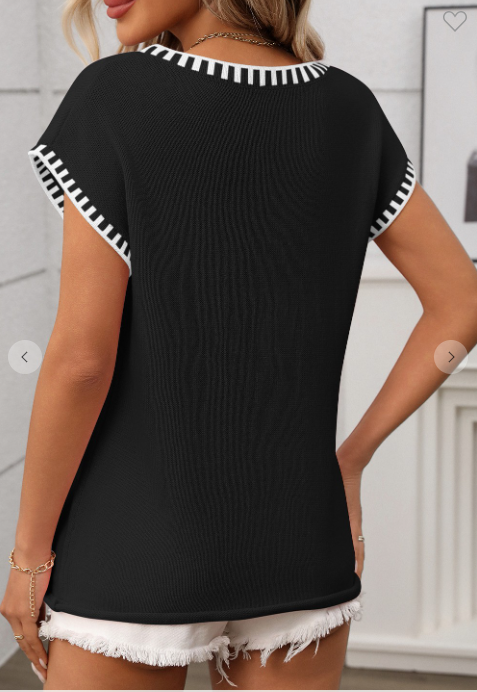 Black Striped Trim V-neck Knit Top