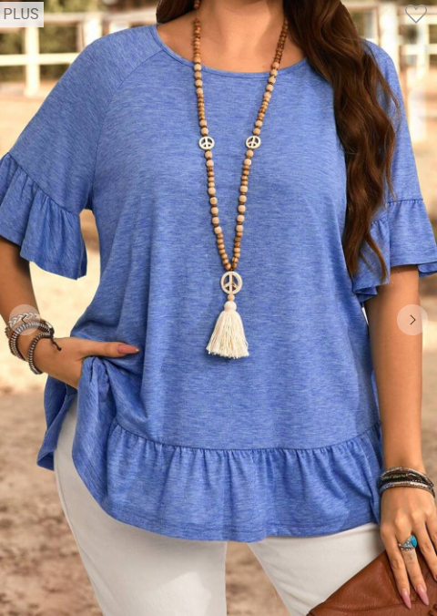 Plus Dusk Blue Ruffle SS Top