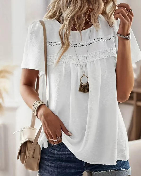 White Swiss Dot Print Crew Neck