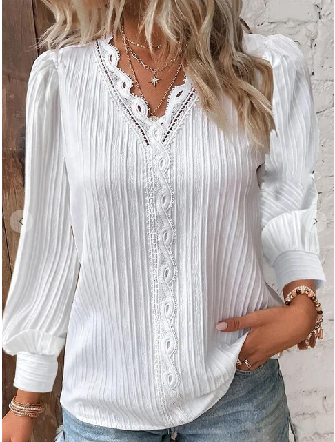 White V-neck Lace Long Sleeve Top