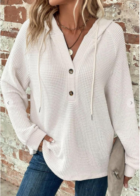 V-neck Waffle Button Long Sleeve Hoodie