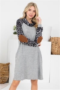 leopard Cowl Neck Gray Dress