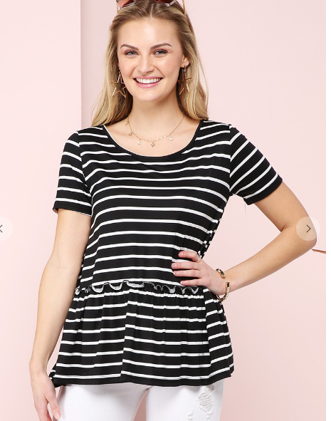 Black Stripe Peplum Ruffle Hem Top