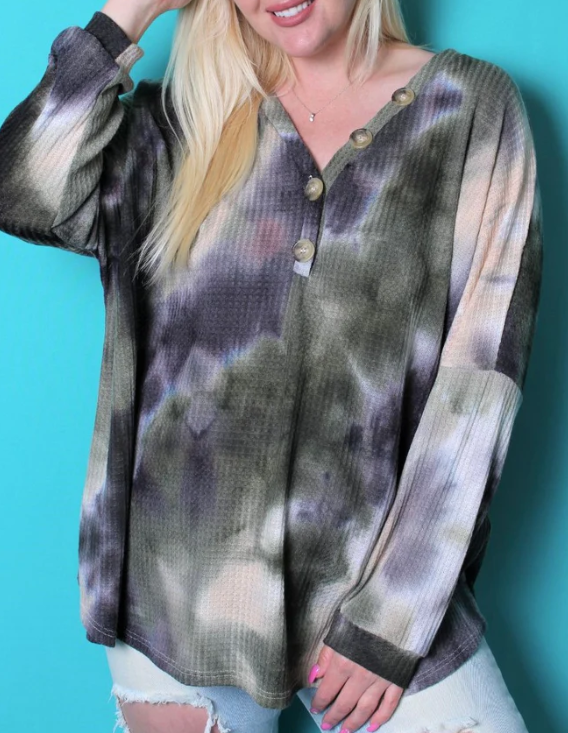 Plus Olive Tie Dye Waffle Knit with Buttons