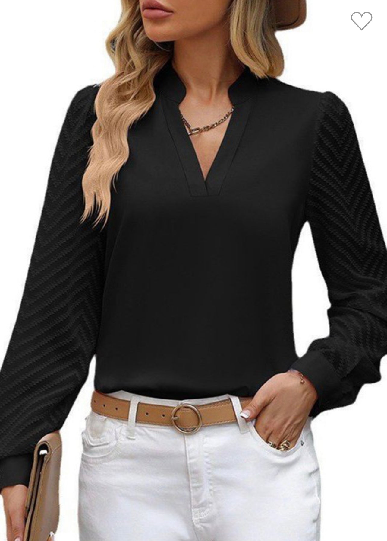 BlackV-Neck Patchwork Pleated Long Sleeve top