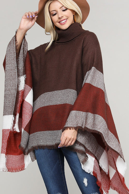 Woven Color Block Plaid Fringe Trim TurtleNeck Poncho