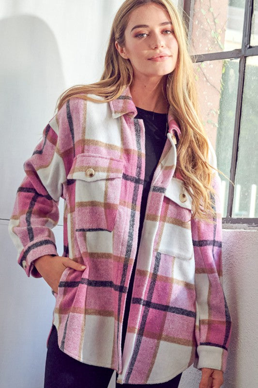 Cozy plaid patterned button down jacket