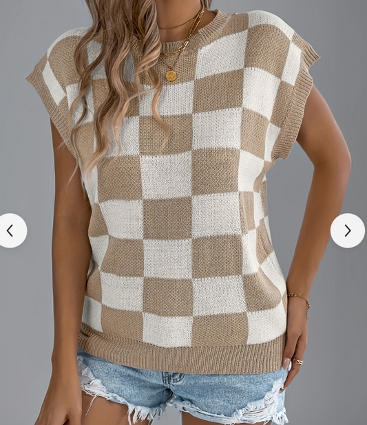 Apricot Check Short Sleeve Sweater