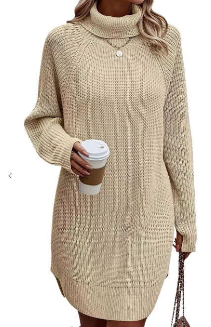 Apricot Slit High Neck Sweater Dress