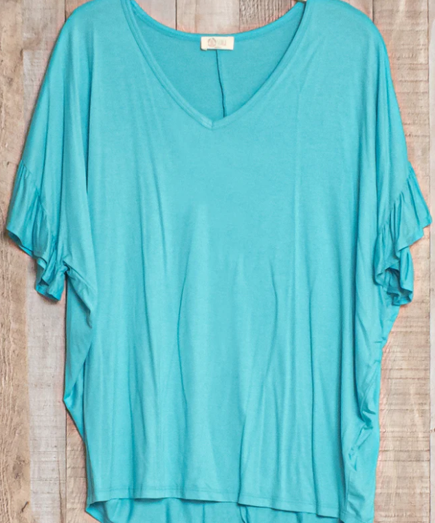 Aqua Dolma Solid Ruffle SS Top