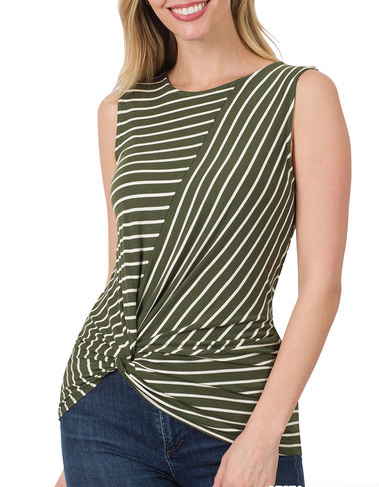 Army Green Stripe Knot Front Sleeveless Top
