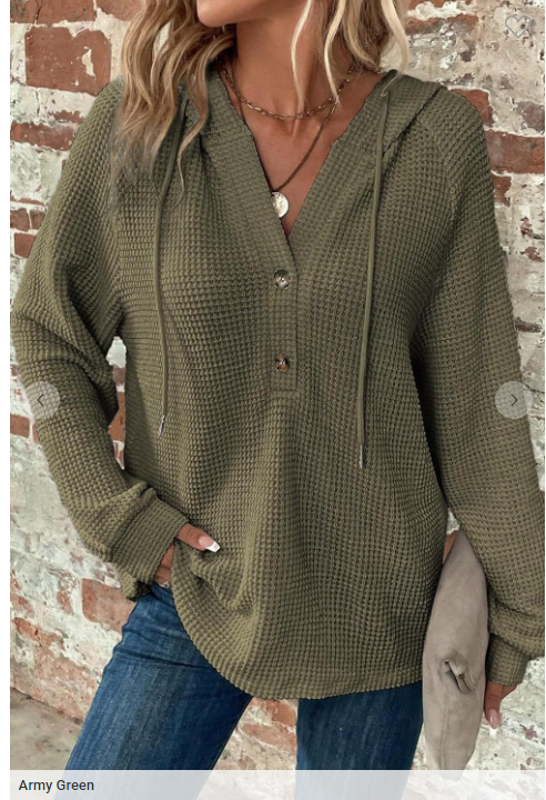 V-neck Waffle Button Long Sleeve  Hoodie