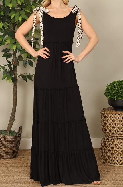 Black Animal Print Tie Strap Tiered Maxi Dress