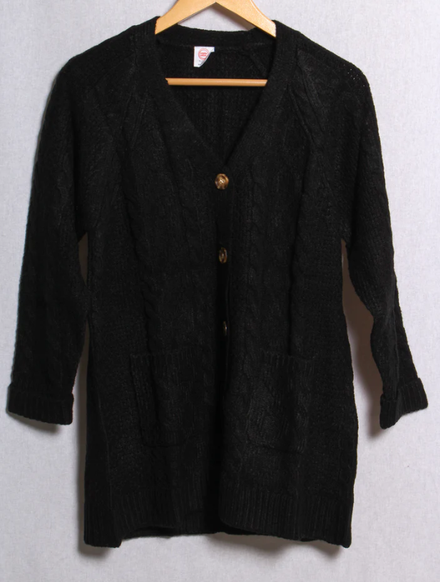 Black Button Down Double Pocket Knitted Cardigan