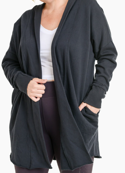 Black Curvy Open Front Hoodie Cardigan