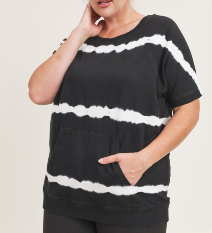 Black Curvy Triple Stripe Tie Dye Pocket Shirt