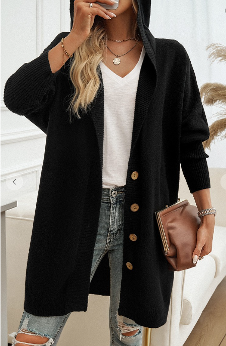 Loose Button Hooded Cardigan