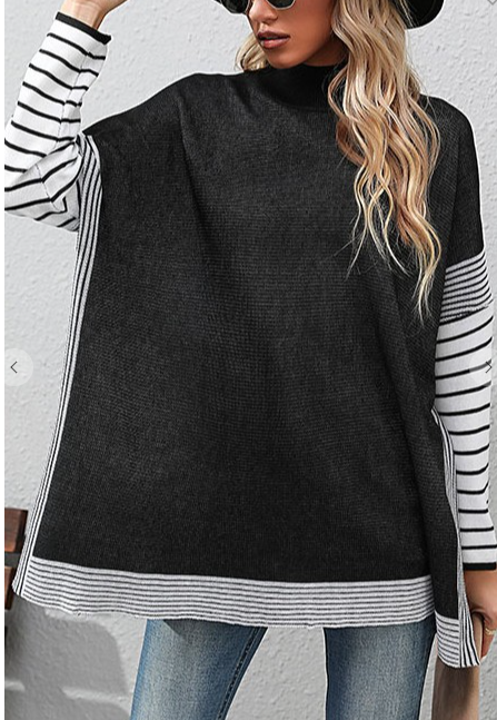 Black Stripe High Neck Loose Sweater