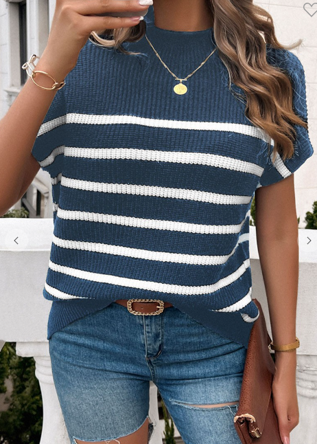 Contrast Stripe Pullover Short Sleeve Sweater