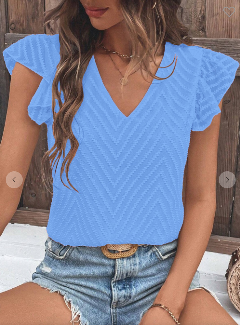 Blue Vneck Solid Jacquard Chiffon Top