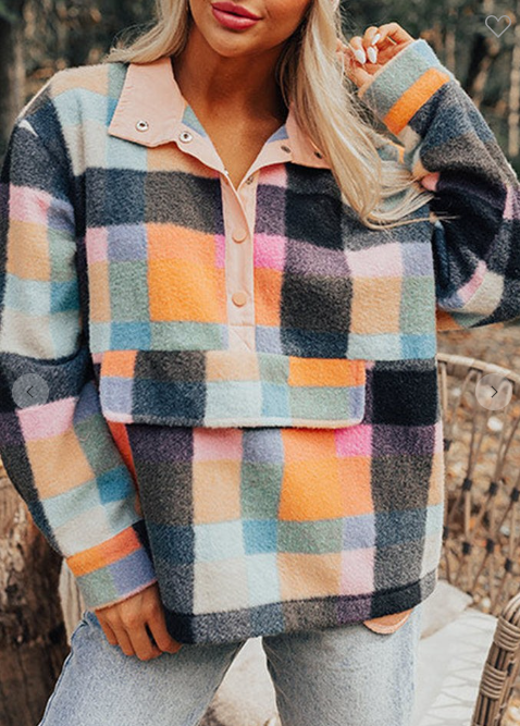 Bright Plaid Half Button Sweatshirt