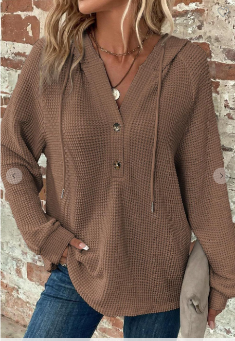 V-neck Waffle Button Long Sleeve  Hoodie