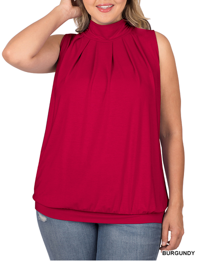 Plus High Neck Pleated Top with Waistband