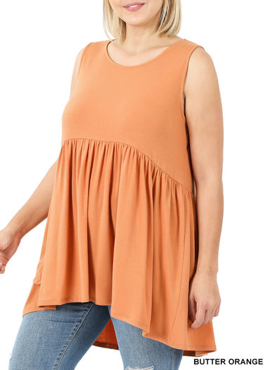 Plus Butter Orange Sleeveless Waist Shirring High Low Top