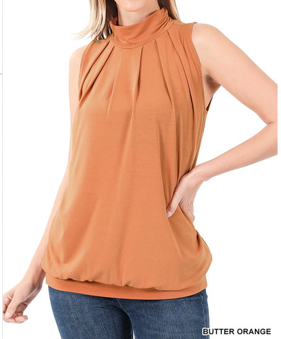 high neck pleated top with waistband