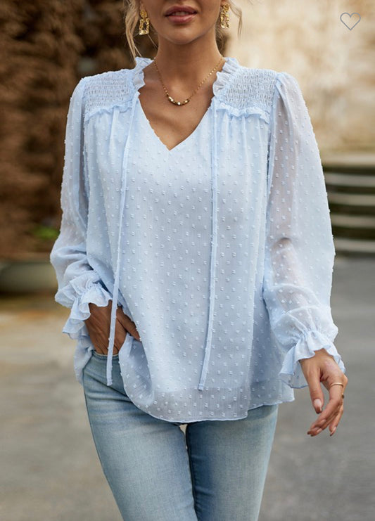 Blue Elegant V-Neck Long Sleeve Top