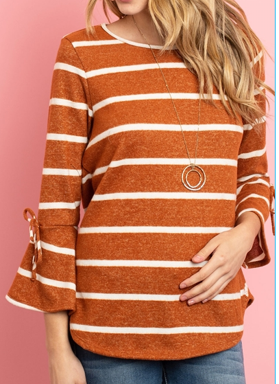 Camel White Stripe Bell Sleeve Ribbon Top