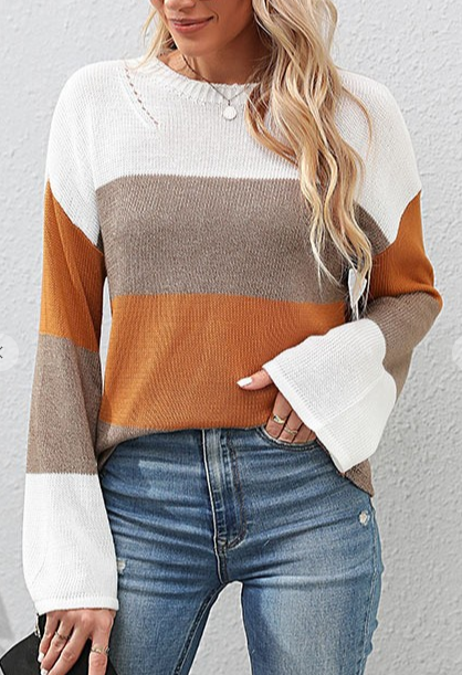 Coffee Orange White Stripe Colorblock Sweater