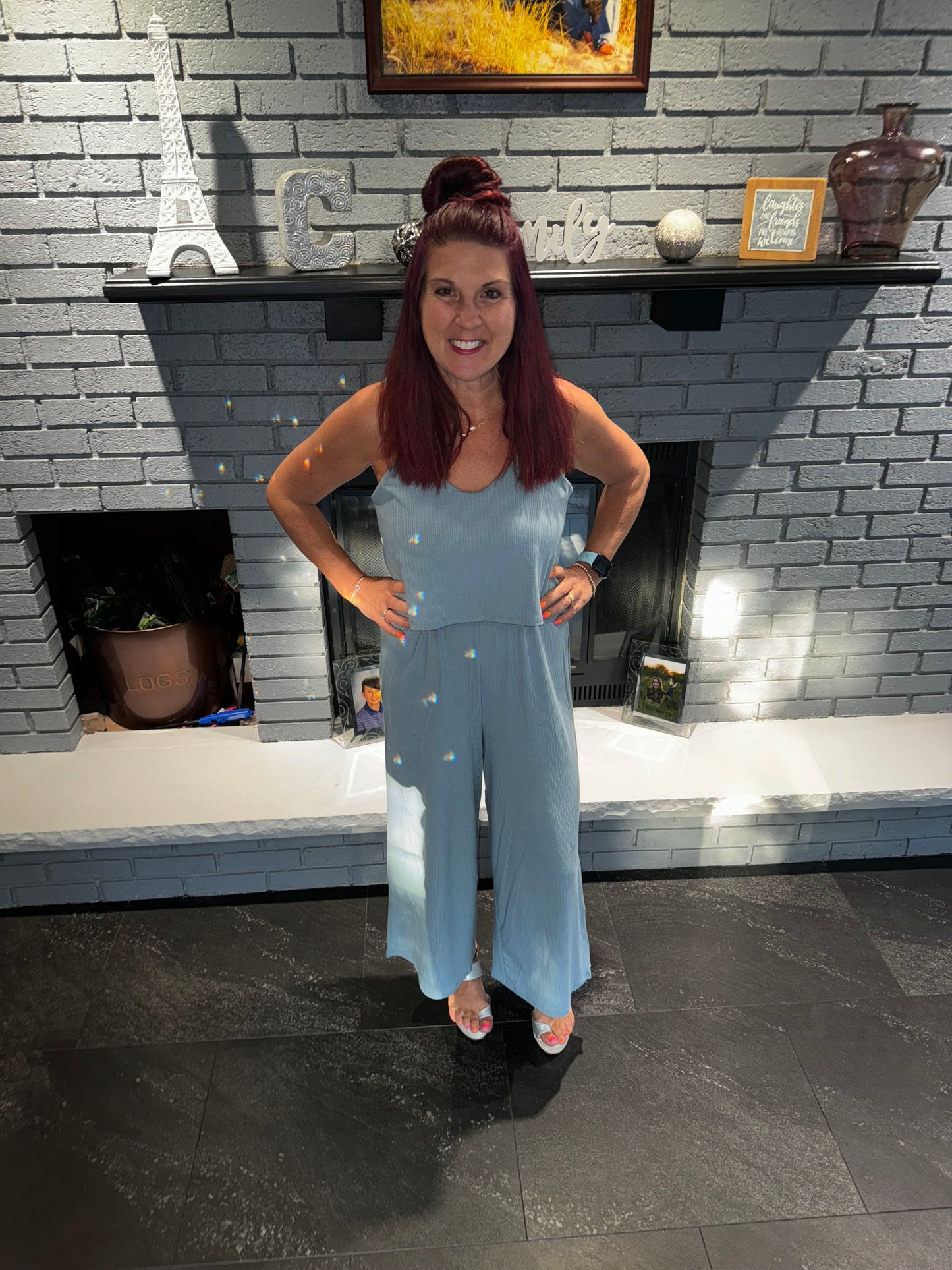 Blue Gray Ribbed Double Layer Jumpsuit